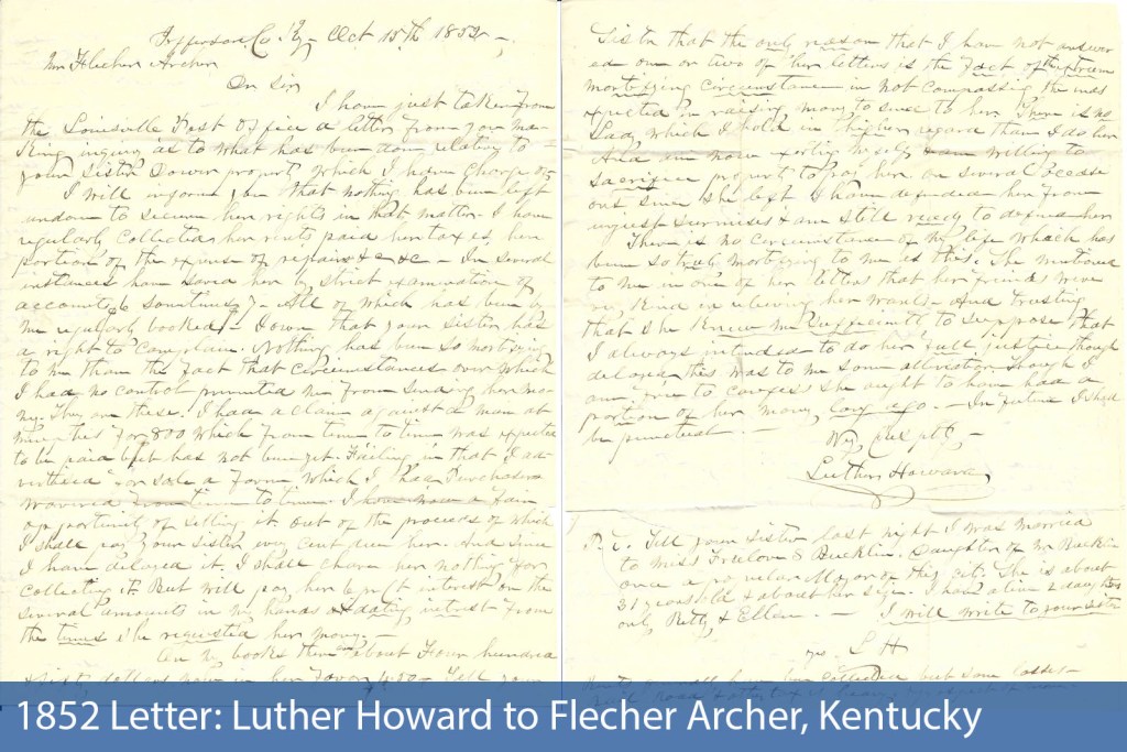 1852 Letter: Luther Howard to Flecher Archer, Kentucky